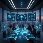 Five business professionals meet at dusk around a glass table showing digital graphs and world maps. Transparent screens highlight Data Analytics Implementation and infrastructure visuals, creating a futuristic, high-tech atmosphere.