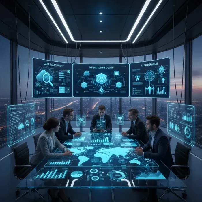 Five business professionals meet at dusk around a glass table showing digital graphs and world maps. Transparent screens highlight Data Analytics Implementation and infrastructure visuals, creating a futuristic, high-tech atmosphere. Five business professionals meet at dusk around a glass table showing digital graphs and world maps. Transparent screens highlight Data Analytics Implementation and infrastructure visuals, creating a futuristic, high-tech atmosphere.