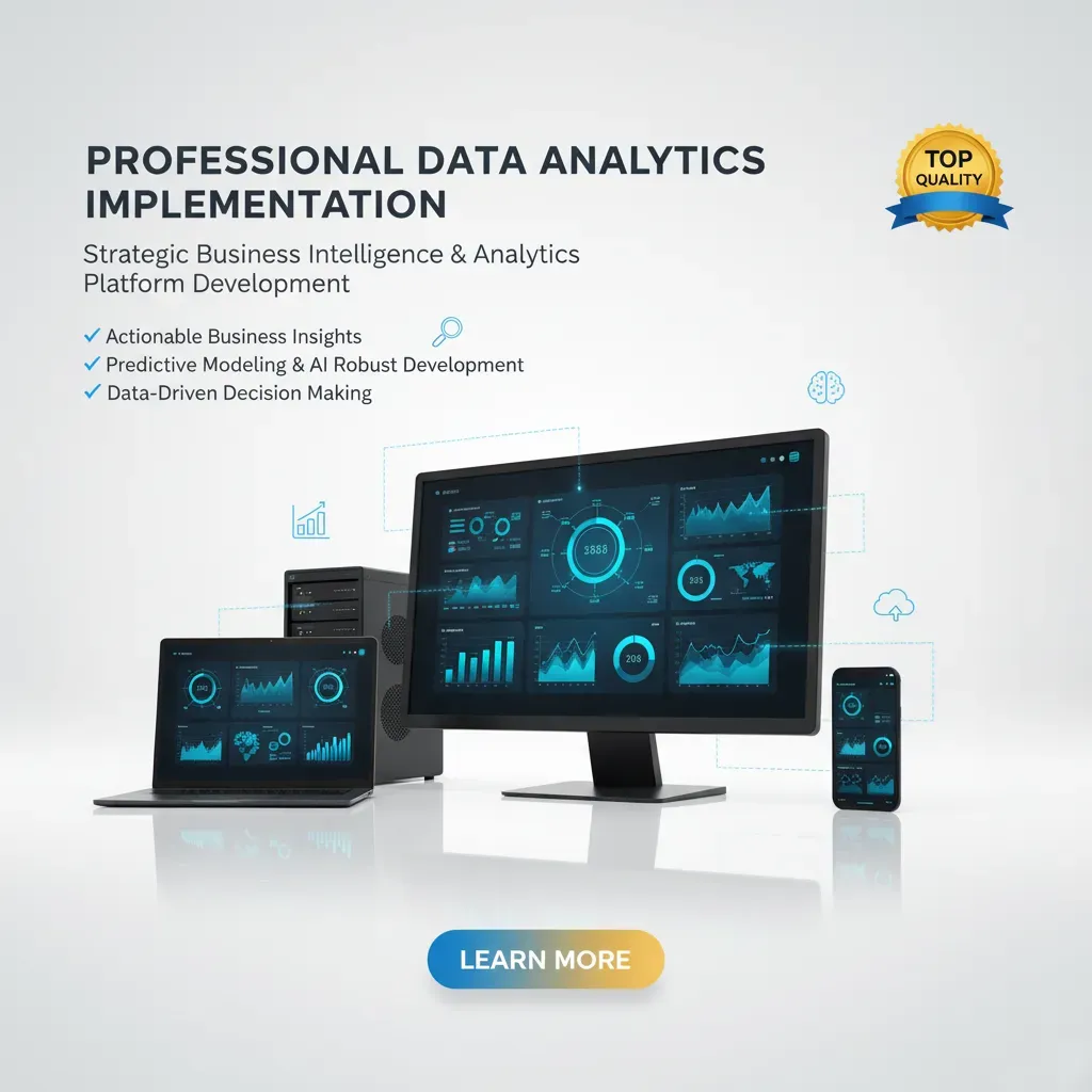A promotional image for Data Analytics Implementation displays devices with digital graphs and data visuals. Text highlights business intelligence, AI, and decision-making. A gold "Top Quality" badge is featured at the top right.