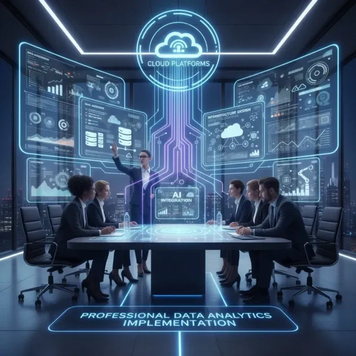 A diverse team in a modern office gathers around a conference table, viewing futuristic digital screens showcasing Data Analytics Implementation. A presenter highlights the visuals. The text reads โProfessional Data Analytics Implementation.โ. A diverse team in a modern office gathers around a conference table, viewing futuristic digital screens showcasing Data Analytics Implementation. A presenter highlights the visuals. The text reads โProfessional Data Analytics Implementation.โ.