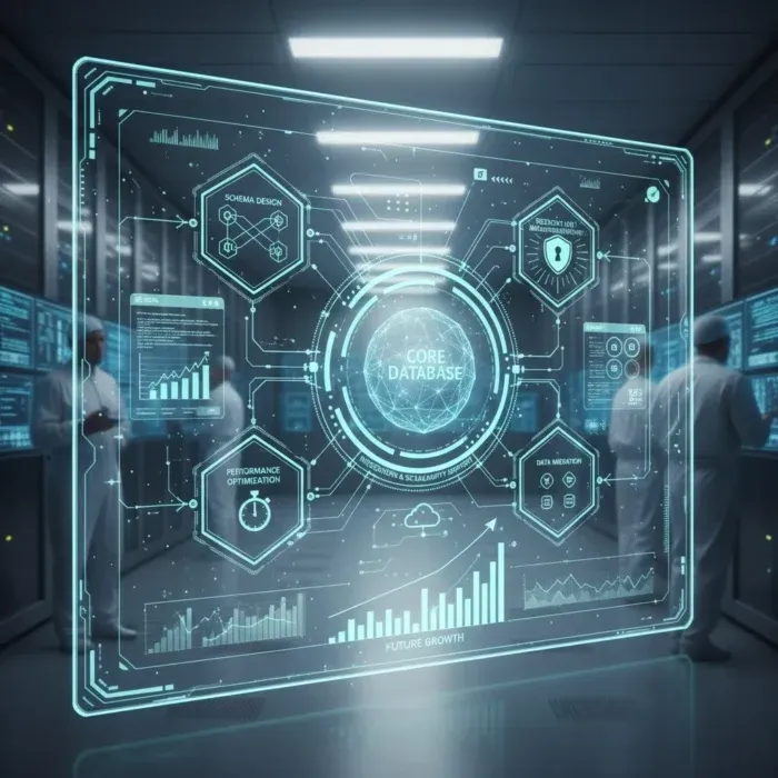 A futuristic server room with scientists in lab coats features a transparent digital interface displaying "Database Design and Management," alongside charts, data flow diagrams, and icons for database management, security, performance, and optimization. A futuristic server room with scientists in lab coats features a transparent digital interface displaying "Database Design and Management," alongside charts, data flow diagrams, and icons for database management, security, performance, and optimization.