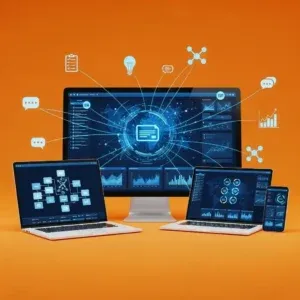 Three devices—a desktop monitor, laptop, and smartphone—display the Digital Strategy Development dashboard on a vibrant orange background. Radiating icons from the monitor symbolize data connectivity and digital strategy development.