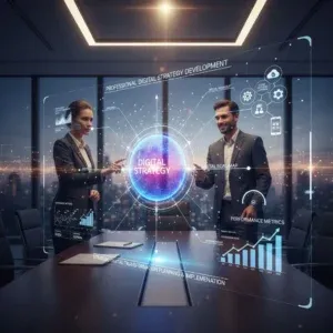 A man and woman stand in a room with a large screen, working together on Digital Strategy Development. A man and woman stand in a room with a large screen, working together on Digital Strategy Development.