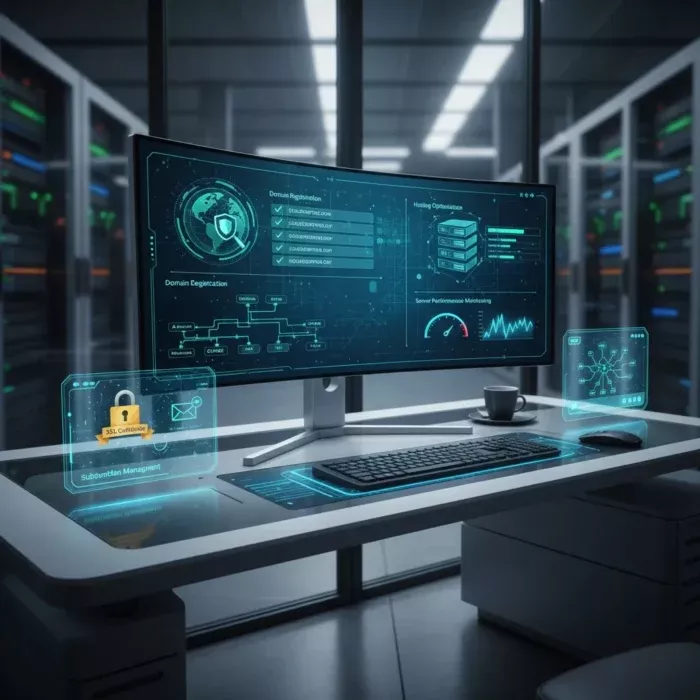 A modern server room workspace showcases a wide curved monitor displaying Domain & Hosting Management data on cybersecurity and server performance. Holographic graphics and a coffee cup emphasize the advanced, tech-driven environment. A modern server room workspace showcases a wide curved monitor displaying Domain & Hosting Management data on cybersecurity and server performance. Holographic graphics and a coffee cup emphasize the advanced, tech-driven environment.