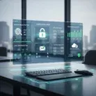 The Domain & Hosting Management interface shows domain management, DNS settings, SSL certificates, hosting tools, and server dashboards on a transparent screen above a keyboard and mouse in a modern office with city views.