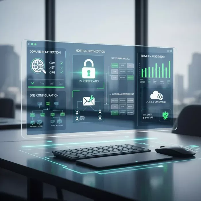 The Domain & Hosting Management interface shows domain management, DNS settings, SSL certificates, hosting tools, and server dashboards on a transparent screen above a keyboard and mouse in a modern office with city views. The Domain & Hosting Management interface shows domain management, DNS settings, SSL certificates, hosting tools, and server dashboards on a transparent screen above a keyboard and mouse in a modern office with city views.
