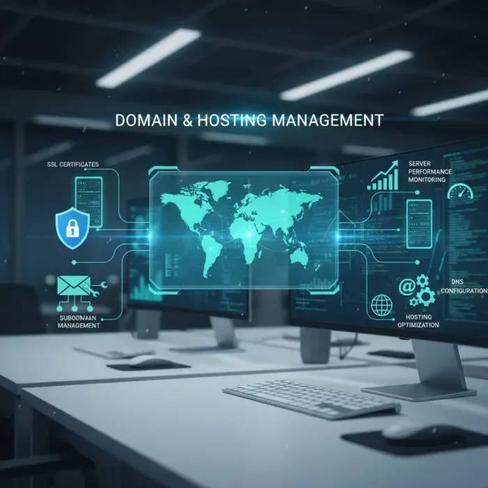 A modern office with computer monitors displaying Domain & Hosting Management tools, featuring digital graphics of a world map, SSL certificates, server monitoring, hosting optimization, subdomain management, and DNS configuration. A modern office with computer monitors displaying Domain & Hosting Management tools, featuring digital graphics of a world map, SSL certificates, server monitoring, hosting optimization, subdomain management, and DNS configuration.