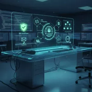 The Domain & Hosting Management product is shown on a futuristic office desk with a transparent display featuring cybersecurity icons—padlock, SSL certificate, DNS settings, and domain management—alongside glowing code monitors in a modern workspace.