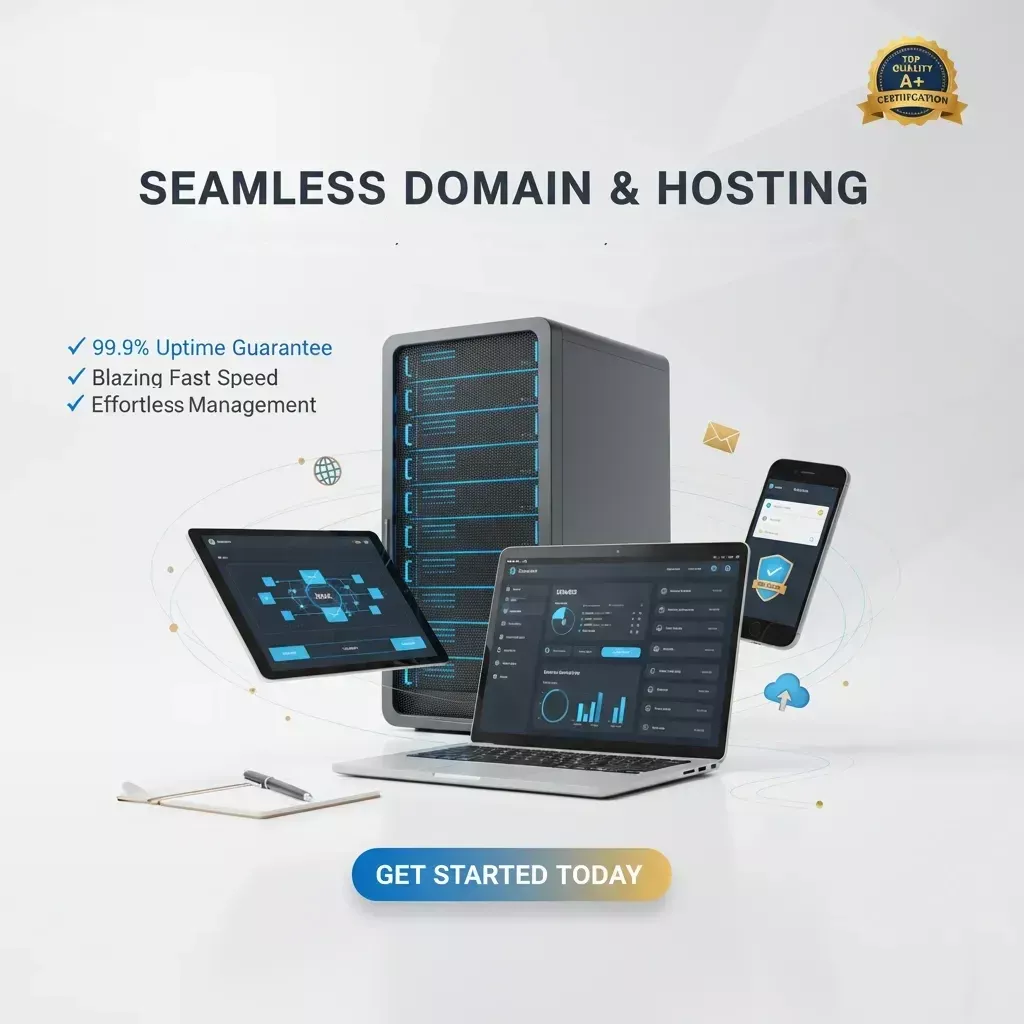 A server tower stands behind a laptop, tablet, and smartphone showing Domain & Hosting Management dashboards. Surrounded by cloud, mail, and gear icons. Text: "Domain & Hosting Management" with features listed and a blue "Get Started Today" button.