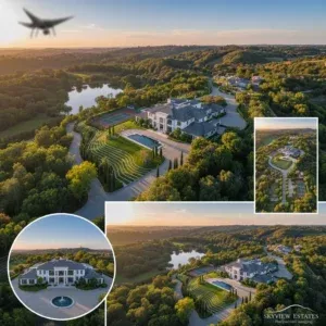 Drone Photography & Videography showcases a grand estate with manicured gardens, tennis court, circular drive, large home surrounded by trees and a sunset-lit lake. Insets offer detailed drone video shots; a plane silhouette highlights the sky.