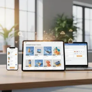 A smartphone, tablet, and laptop display e-commerce sites on a wooden table. Floating icons suggest seamless multi-device shopping with E-commerce Platform Development Services. A plant sits in the background. A smartphone, tablet, and laptop display e-commerce sites on a wooden table. Floating icons suggest seamless multi-device shopping with E-commerce Platform Development Services. A plant sits in the background.