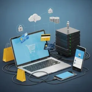 The image shows a laptop with a shopping cart icon, credit cards, a smartphone with login fields, shopping bags, and servers. Floating cloud icons, padlock, and coins highlight secure E-commerce Platform Development Services.