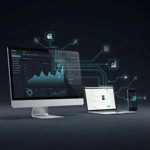 A desktop, laptop, and smartphone display dashboards as floating icons—graphs, magnifier, cloud, gear, and documents—link the devices to symbolize lead generation with "Email List Building Strategies" in a tech-driven workspace.