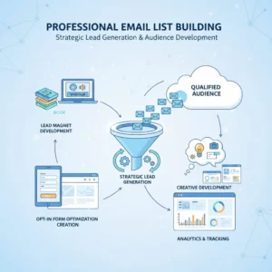The Email List Building Strategies infographic showcases tasks like lead magnet creation, opt-in form optimization, creative design, analytics, and tracking, all leading to strategic email marketing and a qualified audience, with icons illustrating each step.