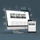 Email Newsletter Content is displayed on a desktop and tablet in a grid layout with tunnel images, ideal for showcasing content. The dark background features subtle bar and pie charts, suggesting data or email marketing analytics.
