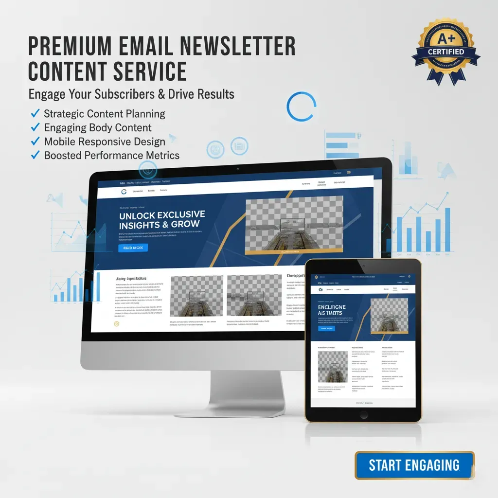 A computer monitor and tablet display an email newsletter with placeholder images. On the left, text promotes "Email Newsletter Content"โa service for expert content, strategic planning, mobile design, and advanced metrics.