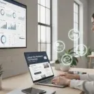 A person types on a laptop displaying the Email Newsletter Content product. Floating icons represent content planning and email marketing. A wall screen shows data dashboards with charts and graphs in a modern, organized workspace.