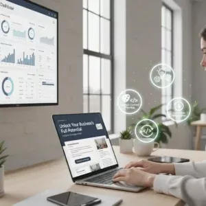 A person types on a laptop displaying the Email Newsletter Content product. Floating icons represent content planning and email marketing. A wall screen shows data dashboards with charts and graphs in a modern, organized workspace. A person types on a laptop displaying the Email Newsletter Content product. Floating icons represent content planning and email marketing. A wall screen shows data dashboards with charts and graphs in a modern, organized workspace.