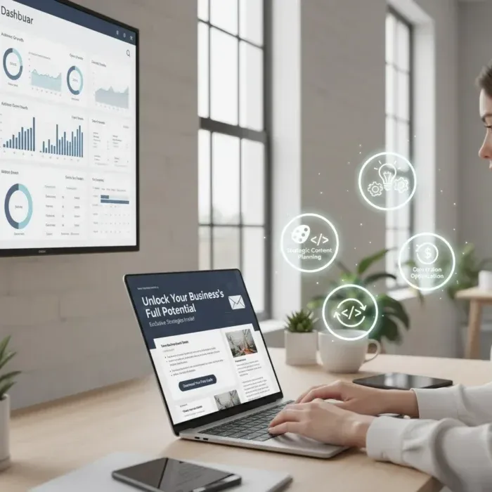 A person types on a laptop displaying the Email Newsletter Content product. Floating icons represent content planning and email marketing. A wall screen shows data dashboards with charts and graphs in a modern, organized workspace. A person types on a laptop displaying the Email Newsletter Content product. Floating icons represent content planning and email marketing. A wall screen shows data dashboards with charts and graphs in a modern, organized workspace.