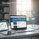 A modern office desk features a laptop and tablet showing marketing analytics, with papers and a pen nearby. Infographics labeled "Strategic Content Planning" and "Design Integration" highlight our premium Email Newsletter Content service.