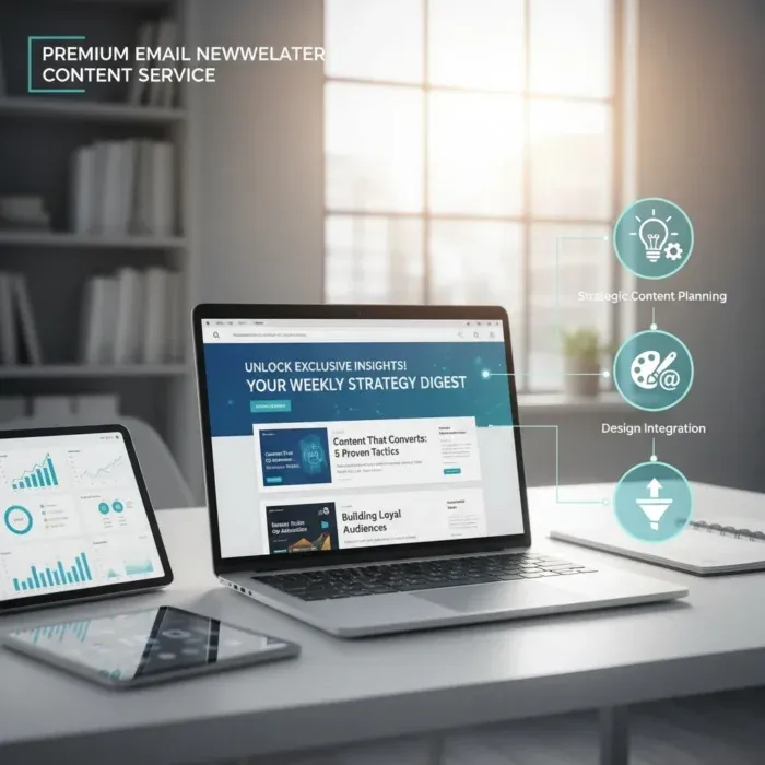 A modern office desk features a laptop and tablet showing marketing analytics, with papers and a pen nearby. Infographics labeled "Strategic Content Planning" and "Design Integration" highlight our premium Email Newsletter Content service. A modern office desk features a laptop and tablet showing marketing analytics, with papers and a pen nearby. Infographics labeled "Strategic Content Planning" and "Design Integration" highlight our premium Email Newsletter Content service.