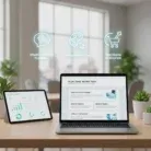 A desk with Email Newsletter Content on a laptop and tablet shows analytics and strategy. Three glowing icons above the laptop read โStrategic Content Planning,โ โDesign Integration,โ and โConversion Optimization.โ Plants are in the background.