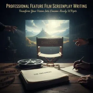 A directorโs chair faces a movie screen showing a castle. Nearby, hands write notes beside a โThe Dreamersโ script, reel, and clapperboard. Above: โFeature Film Screenplay WritingโTransform Your Vision Into Cinema-Ready Scripts.โ. A directorโs chair faces a movie screen showing a castle. Nearby, hands write notes beside a โThe Dreamersโ script, reel, and clapperboard. Above: โFeature Film Screenplay WritingโTransform Your Vision Into Cinema-Ready Scripts.โ.