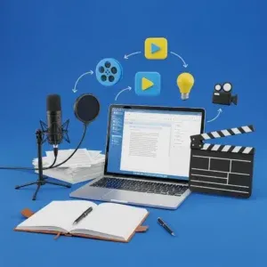 A laptop with a document sits on a desk surrounded by papers, a notebook, pen, microphone, and clapperboardโideal for Feature Film Screenplay Writing. Above, film reel and video icons are linked by arrows on a blue background.