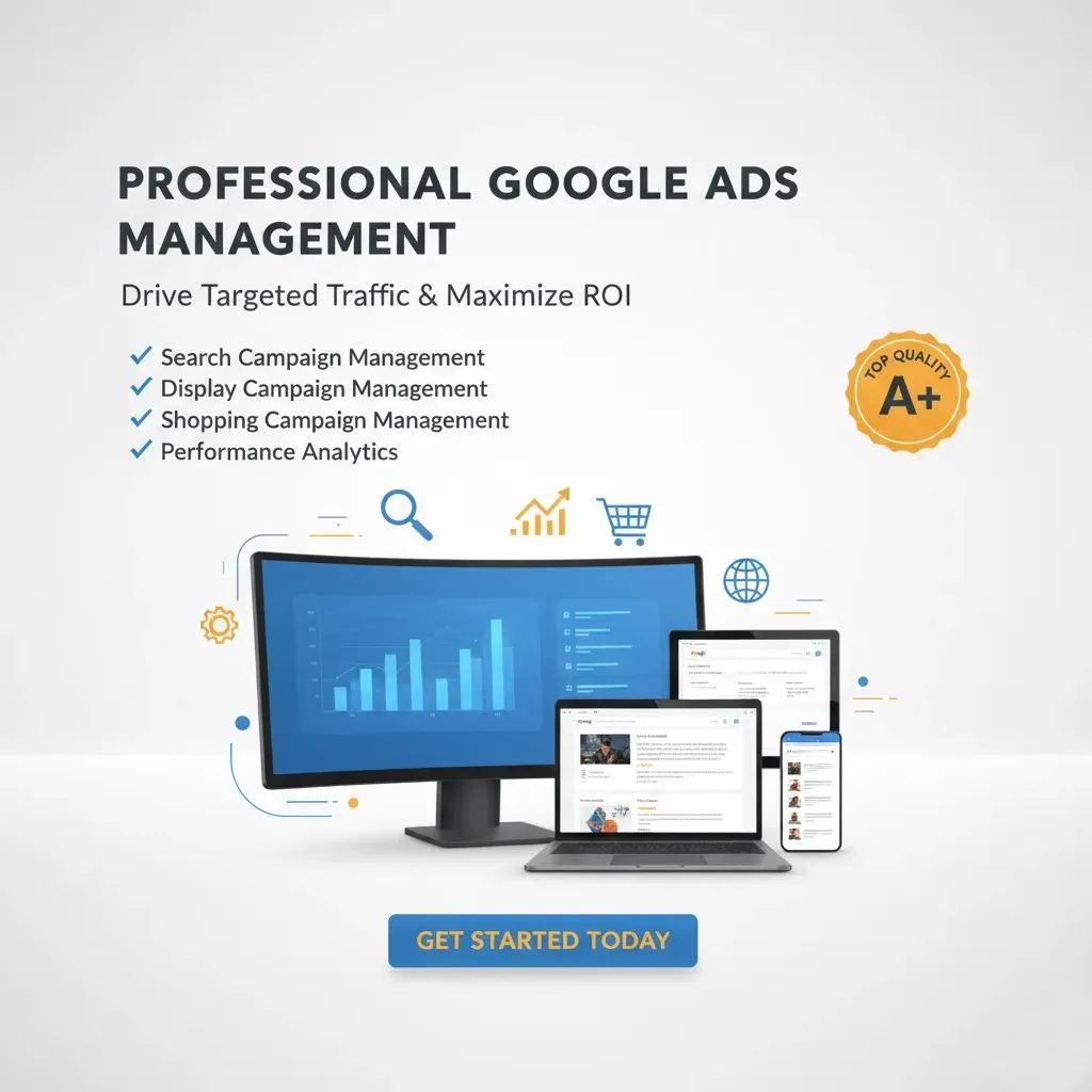 A digital ad for Google Ads Management shows charts and dashboards on a monitor, laptop, tablet, and smartphone. Four blue check marks list top features. An "A+" badge and a yellow "GET STARTED TODAY" button complete the visual.