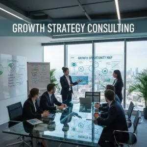 Five business professionals in formal attire meet in a modern office where a woman presents data on a “Growth Opportunity Map” during a Growth Strategy Consulting session, while colleagues listen and handwritten notes appear on a whiteboard. Five business professionals in formal attire meet in a modern office where a woman presents data on a "Growth Opportunity Map" during a Growth Strategy Consulting session, while colleagues listen and handwritten notes appear on a whiteboard.