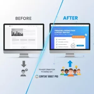 Split image shows two computer screens: “BEFORE” with a dull grayscale landing page, “AFTER” with vibrant blue accents and excited users. Text: “Landing Page transformation powered by Landing Page Content.”. Split image shows two computer screens: "BEFORE" with a dull grayscale landing page, "AFTER" with vibrant blue accents and excited users. Text: “Landing Page transformation powered by Landing Page Content.”.