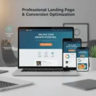 A laptop, tablet, and smartphone show the Landing Page & Conversion Optimization product with the headline “Unlock Your Growth Potential” and a “Start Free Trial” button. Icons emphasize fast loading speed and seamless performance on all devices.