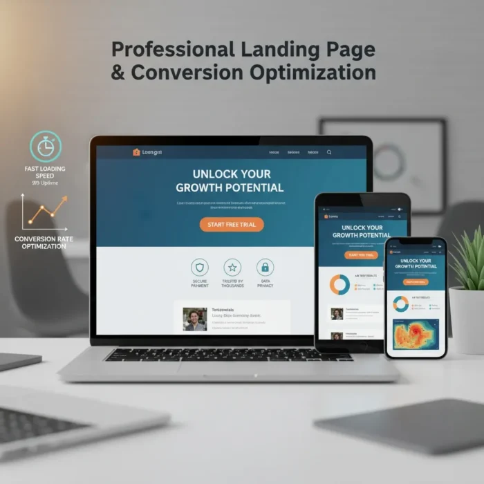 A laptop, tablet, and smartphone show the Landing Page & Conversion Optimization product with the headline “Unlock Your Growth Potential” and a “Start Free Trial” button. Icons emphasize fast loading speed and seamless performance on all devices.