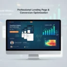 A computer monitor displays the Landing Page & Conversion Optimization tool with the headline "Transform Visitors into Customers," showcasing app screens, testimonials, and charts of rising conversion rates for effective optimization.