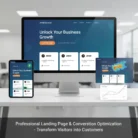 A desktop, tablet, and phone display a blue-themed "Landing Page & Conversion Optimization" website with a call-to-action. Two printouts show a heatmap and chart, highlighting professional conversion strategies.