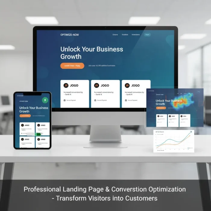 A desktop, tablet, and phone display a blue-themed "Landing Page & Conversion Optimization" website with a call-to-action. Two printouts show a heatmap and chart, highlighting professional conversion strategies.