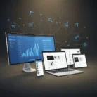 Different devices display business analytics dashboards, backed by icons and lines that represent Landing Page & Conversion Optimization—showcasing streamlined digital business integration.