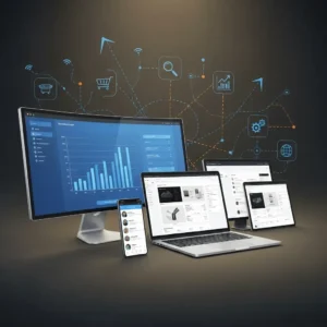 Different devices display business analytics dashboards, backed by icons and lines that represent Landing Page & Conversion Optimization—showcasing streamlined digital business integration.