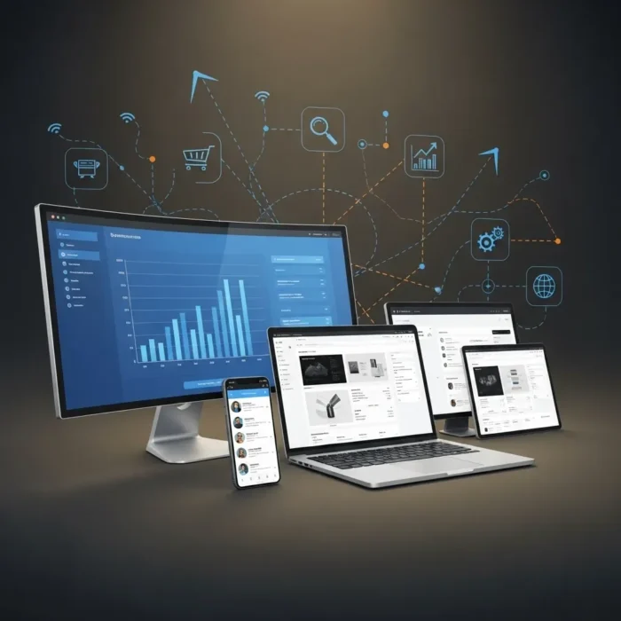 Different devices display business analytics dashboards, backed by icons and lines that represent Landing Page & Conversion Optimization—showcasing streamlined digital business integration.