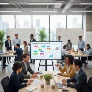 Modern office with diverse professionals collaborating in groups. A central screen displays a โLeadership Development Programsโ chart. Whiteboards, city skyline, green plants, coffee cups, and laptops add to the dynamic, collaborative setting. Modern office with diverse professionals collaborating in groups. A central screen displays a โLeadership Development Programsโ chart. Whiteboards, city skyline, green plants, coffee cups, and laptops add to the dynamic, collaborative setting.