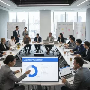 A diverse group of professionals gathers in a modern office to discuss Leadership Development Programs, with a large screen showing a โLeadership Assessmentโ pie chart and whiteboards filled with notes and charts in the background.