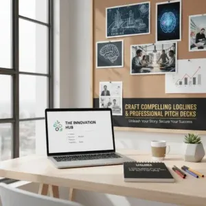 In a bright, modern office, a laptop on the desk displays โThe Innovation Hub.โ A corkboard behind features photos and diagrams. A sign promotes Logline & Pitch Deck Development, highlighting expert support for crafting pitches. In a bright, modern office, a laptop on the desk displays โThe Innovation Hub.โ A corkboard behind features photos and diagrams. A sign promotes Logline & Pitch Deck Development, highlighting expert support for crafting pitches.