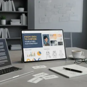 A tablet on a desk displays the "Logline & Pitch Deck Development" presentation, featuring charts and sketches. Nearby are a laptop, notes, papers, a pen, and coffee. Bookshelves and a whiteboard are in the background.