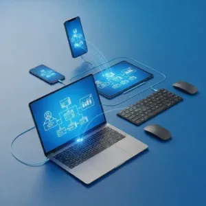 Four devicesโa laptop, tablet, and two smartphonesโdisplay synchronized flowcharts and data graphs for Marketing Automation Setup. A wireless keyboard and mouse rest on a solid blue background, highlighting streamlined digital connectivity.