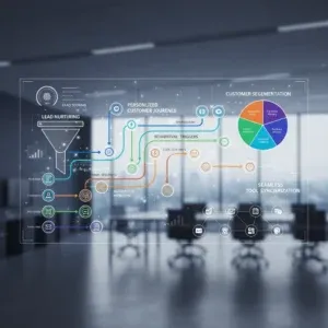 In a modern office, a transparent digital dashboard displays a customer journey flowchart with icons for lead nurturing and the Marketing Automation Setup product, colorful pie chart, and process lines, with blurred desks in the background. In a modern office, a transparent digital dashboard displays a customer journey flowchart with icons for lead nurturing and the Marketing Automation Setup product, colorful pie chart, and process lines, with blurred desks in the background.