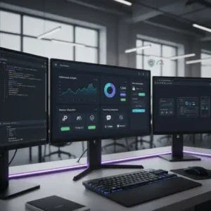 Three computer monitors on a modern desk show dashboards featuring charts, code, and Modern Web Applications analytics. The workspace has a sleek keyboard, mouse, purple LED lighting, large windows, and minimal decor in a bright office. Three computer monitors on a modern desk show dashboards featuring charts, code, and Modern Web Applications analytics. The workspace has a sleek keyboard, mouse, purple LED lighting, large windows, and minimal decor in a bright office.