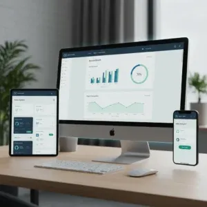 A modern desk features a desktop, tablet, and smartphoneโeach displaying synchronized business analytics dashboards from Modern Web Applicationsโalongside a keyboard and mouse, with natural light streaming in from the window.
