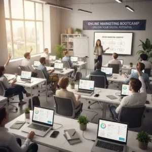 Adults at desks use laptops in a bright, modern classroom during an Online Marketing Bootcamps session. A woman presents a flowchart at the whiteboard; large windows, plants, and a banner reading โONLINE MARKETING BOOTCAMPSโ complete the scene. Adults at desks use laptops in a bright, modern classroom during an Online Marketing Bootcamps session. A woman presents a flowchart at the whiteboard; large windows, plants, and a banner reading โONLINE MARKETING BOOTCAMPSโ complete the scene.