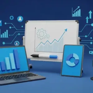 3D illustration of a laptop, tablet, whiteboard with charts and graphs, and a microphone on blue background. Digital icons represent data analysis, business growth, and the effectiveness of Performance Review Meetings.