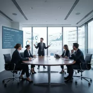 A man in a suit leads a Performance Review Meeting with four colleagues in a glass-walled office as digital charts and notes display data and business performance for an employee evaluation. A man in a suit leads a Performance Review Meeting with four colleagues in a glass-walled office as digital charts and notes display data and business performance for an employee evaluation.